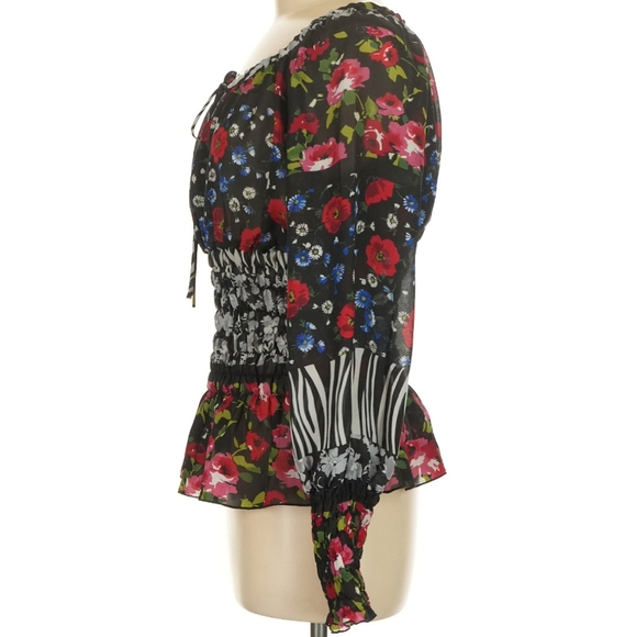 Black floral blouse. Black smocked top. Black floral top - Picture 3 of 7